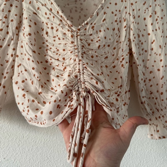 Ruched Cropped Top Cream and Rust Brown Polka Dot Medium Feminine Boho Prairie - Picture 2 of 9